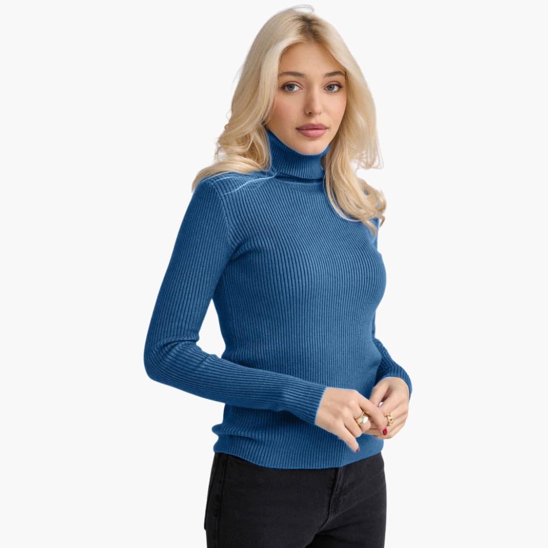 Pull à col roulé femme avec manches longues et surface côtelée