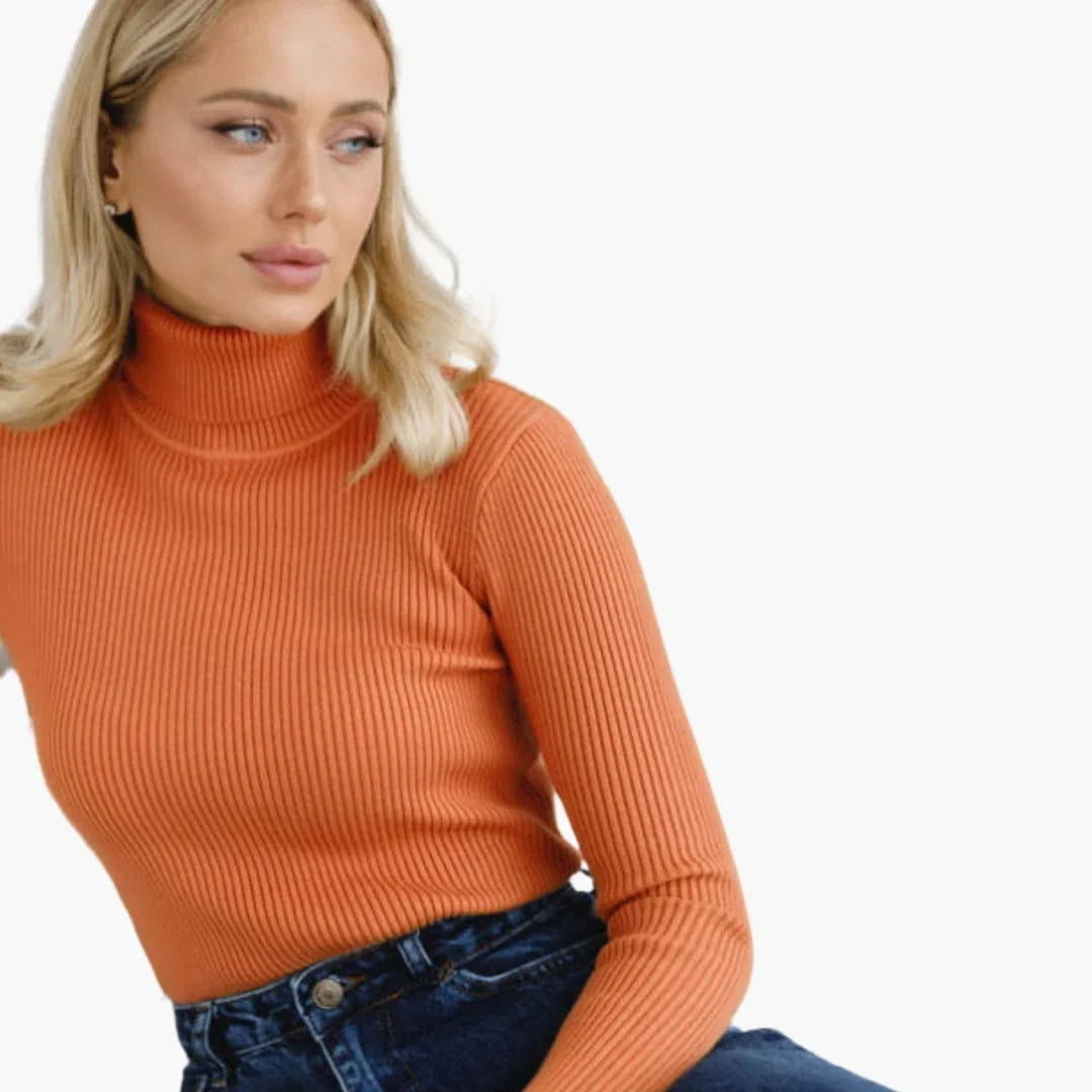 Pull à col roulé femme avec manches longues et surface côtelée