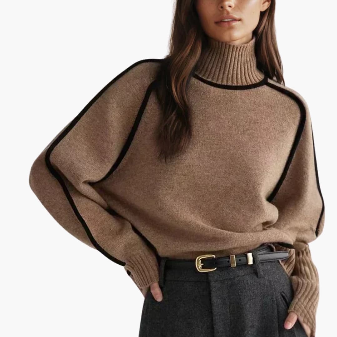 Pull à col roulé femme avec passepoil contrastant et poignets larges