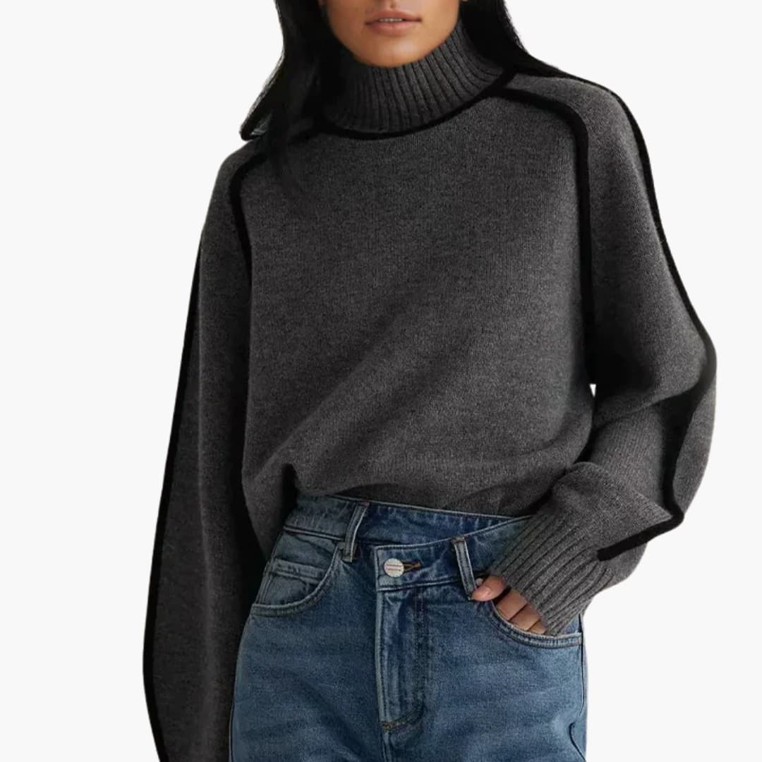 Camisola de gola alta para mulher com vivo contrastante e punhos largos