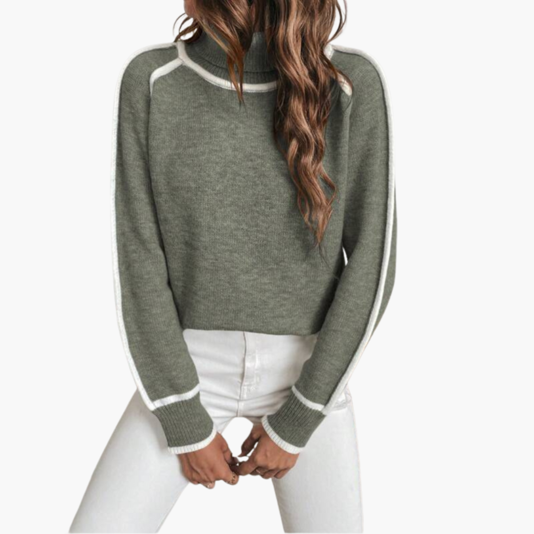 Suéter de cuello alto para mujer con borde contrastante y mangas largas