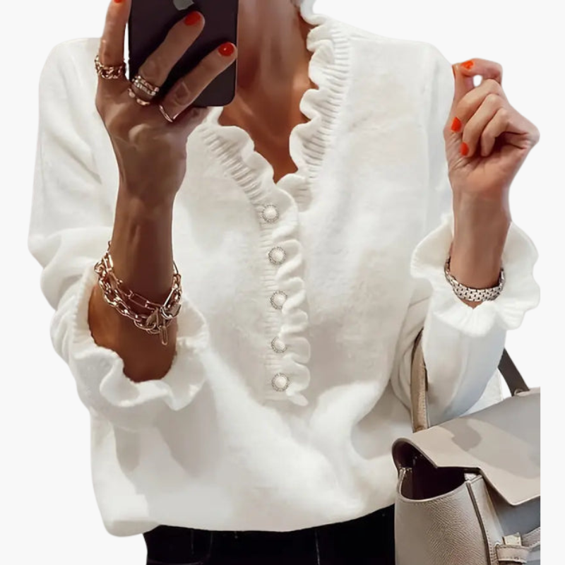 Pull à manches longues pour femme avec col à volants et boutons nacrés