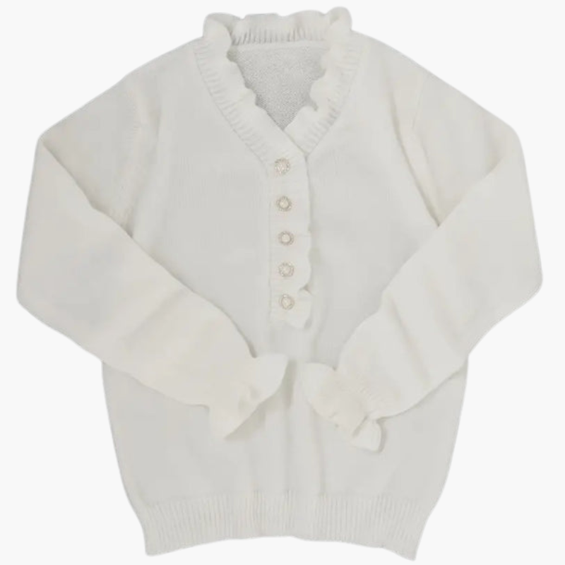 Women's long-sleeve sweater with ruffled collar and pearl buttons