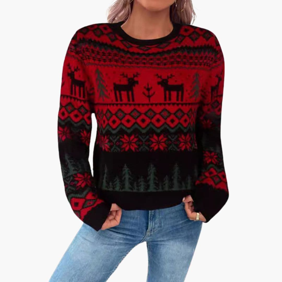 Pull de Noël Femme avec Ourlets Côtelés et Motif Renne