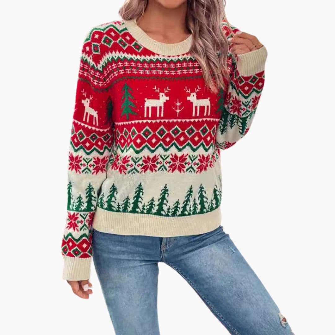 Pull de Noël Femme avec Ourlets Côtelés et Motif Renne