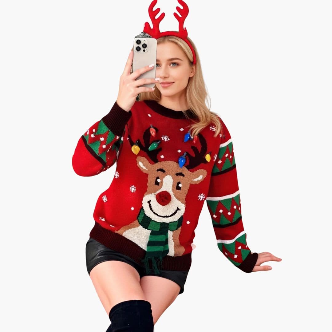 Pull de Noël femme à col rond avec motif renne