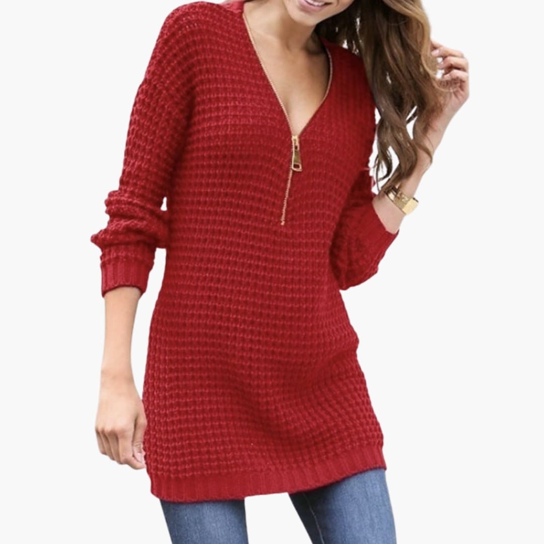 Suéter de punto grueso para mujer con cuello en V con cremallera en la parte delantera
