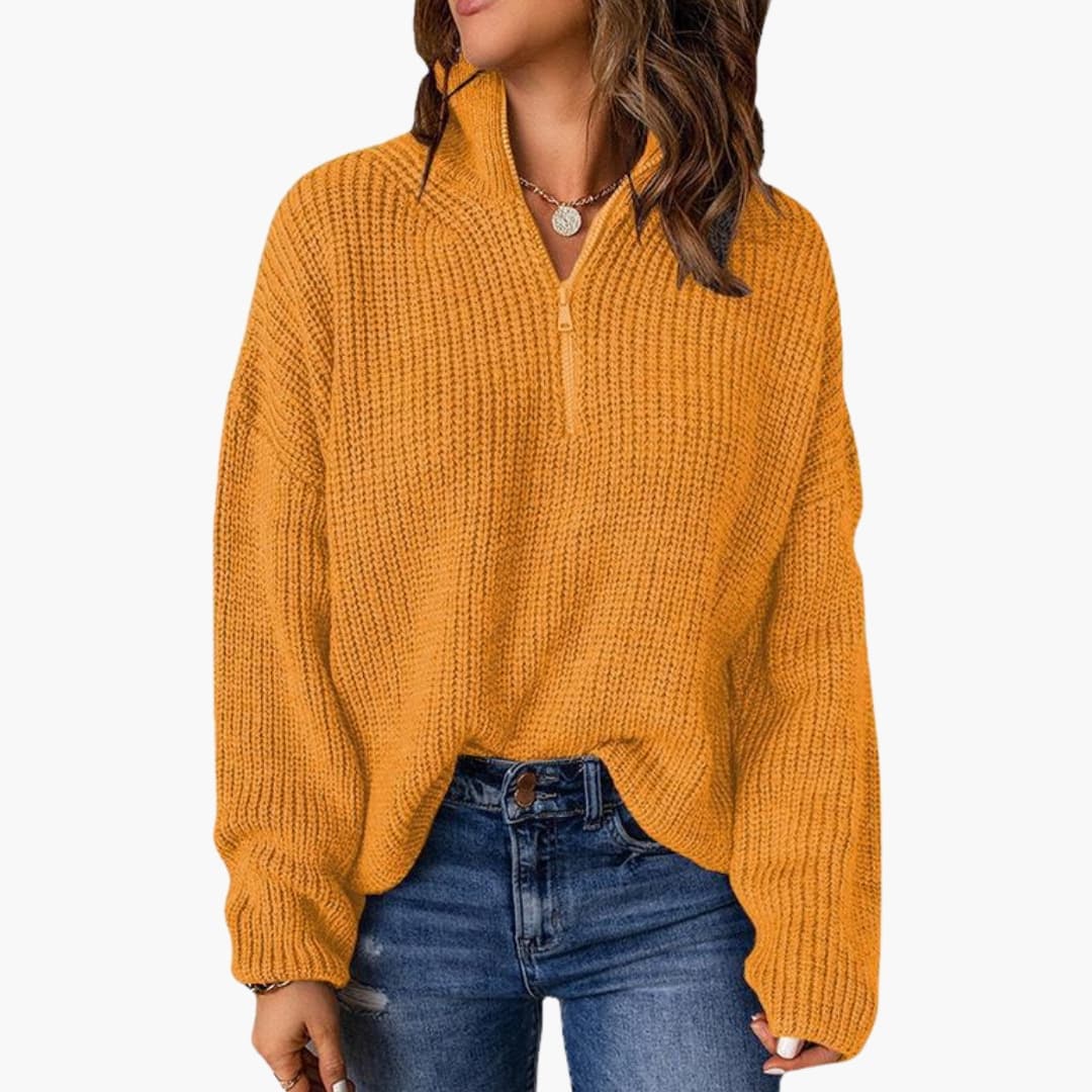Suéter de punto grueso para mujer con media cremallera y cuello alto
