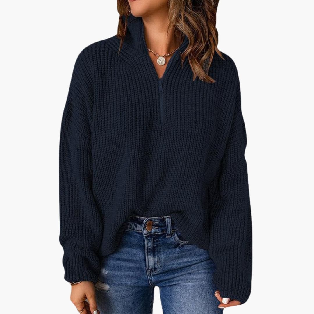 Suéter de punto grueso para mujer con media cremallera y cuello alto