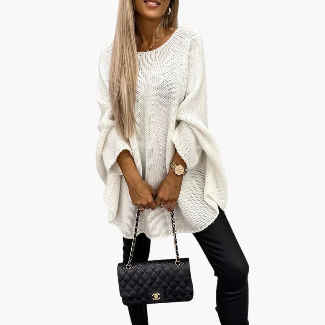 Löst stickad tröja för kvinnor med rund halsringning