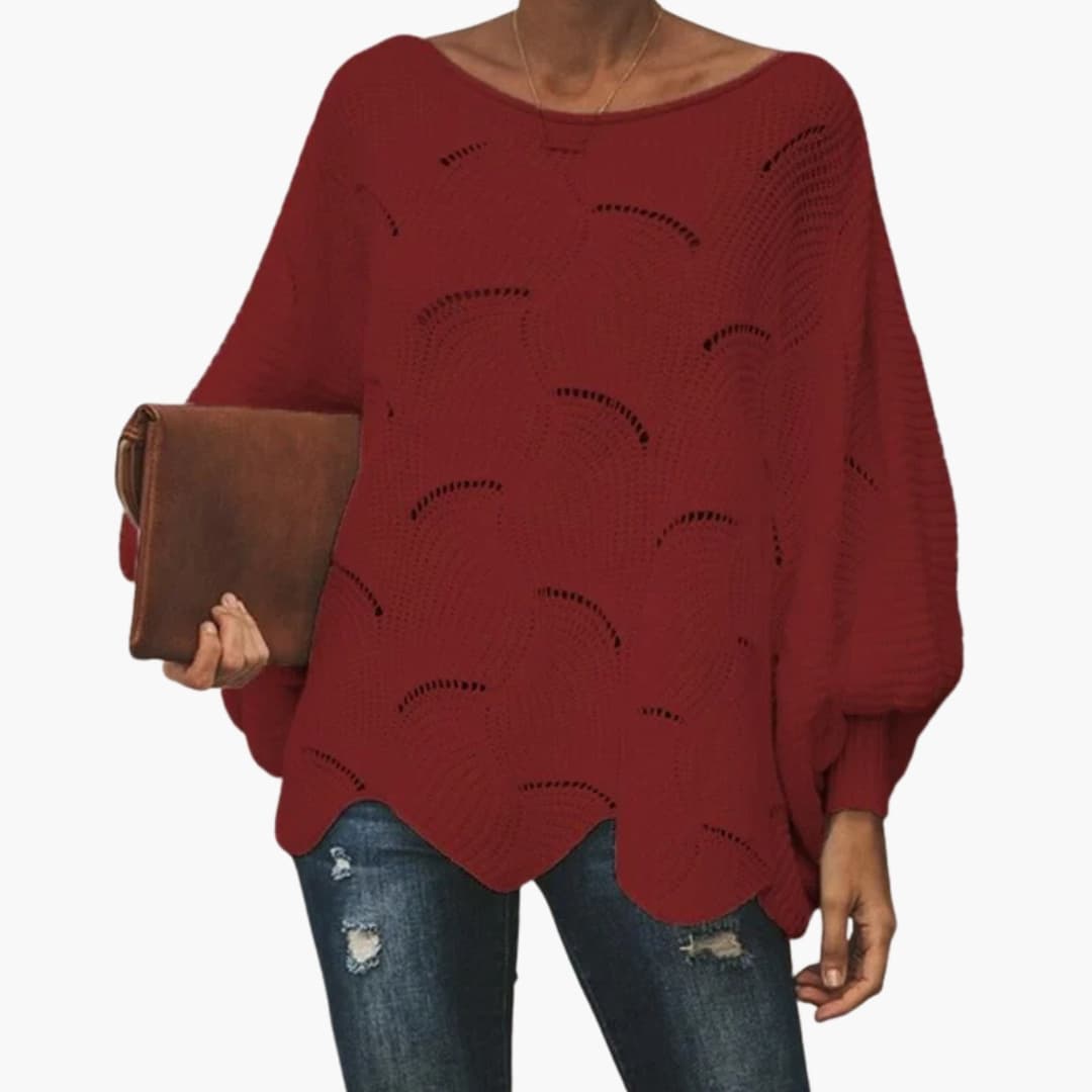 Pull en maille ample pour femme avec ourlet festonné et manches chauve souris