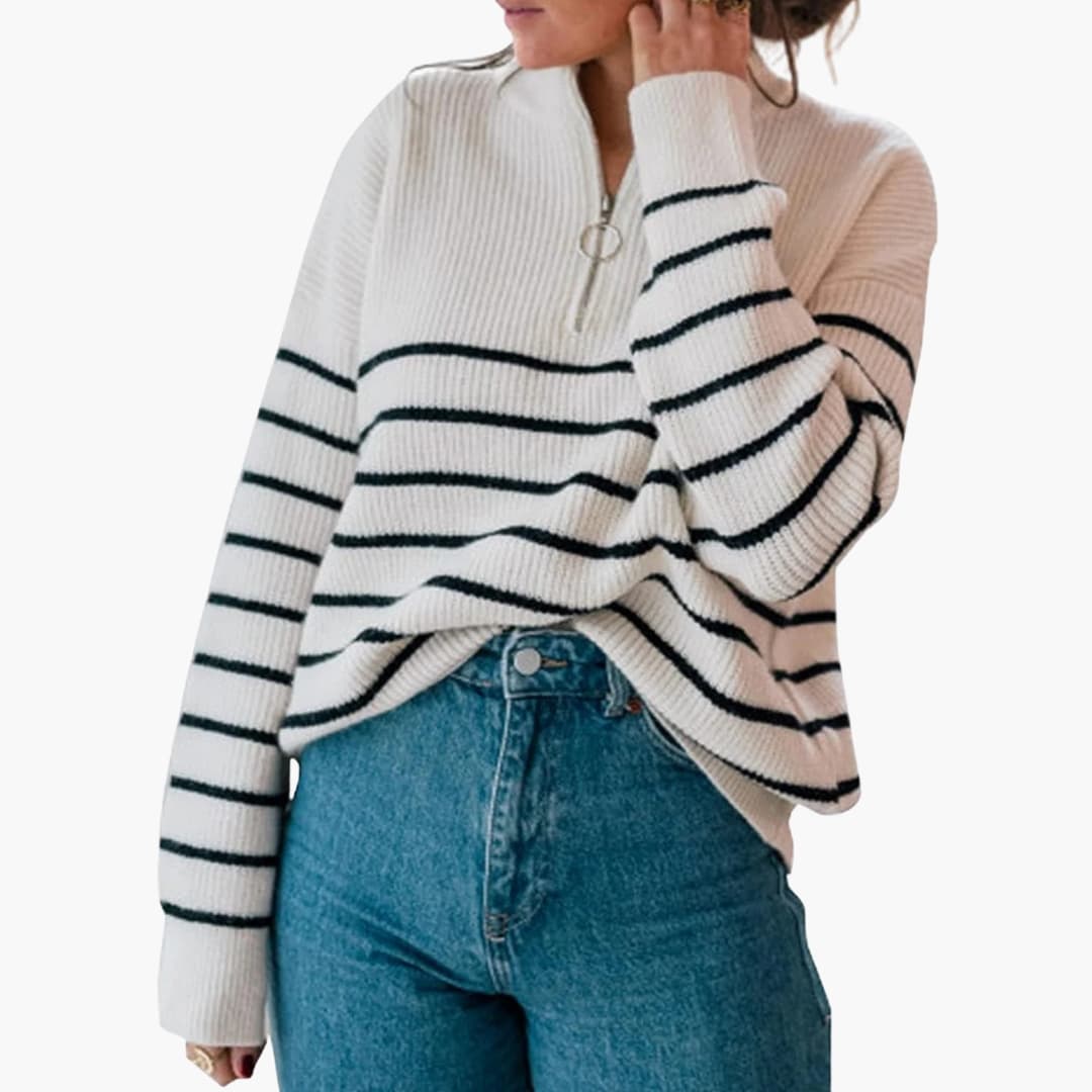 Suéter de punto a rayas para mujer con medio cierre de cremallera