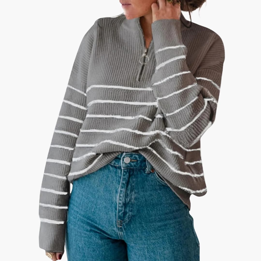 Suéter de punto a rayas para mujer con medio cierre de cremallera