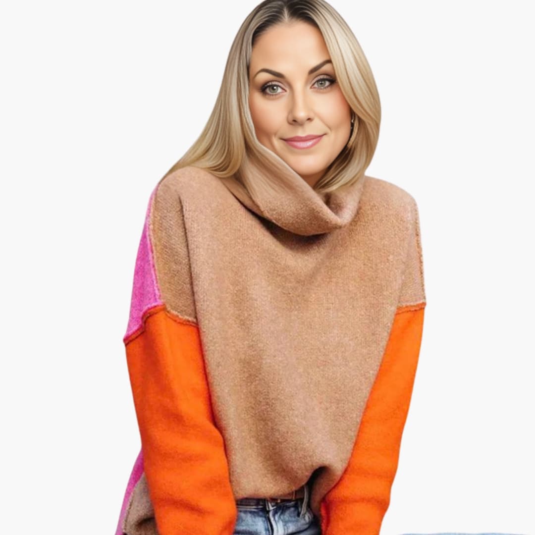 Pull em malha color block para mulher com gola alta