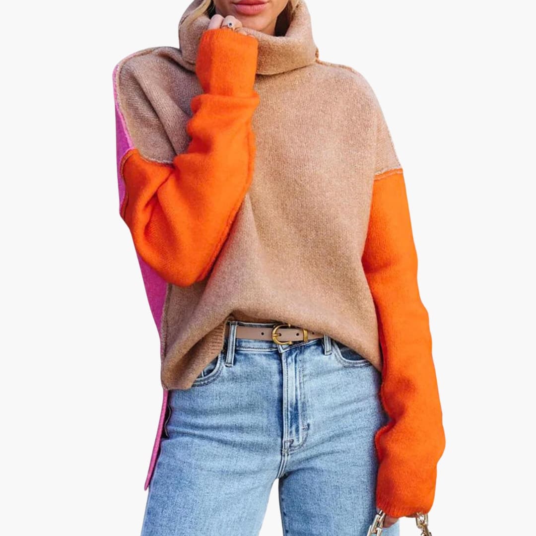 Pull em malha color block para mulher com gola alta