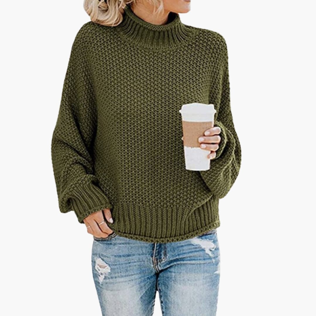 Pull de malha para mulher com gola alta e superfície texturizada