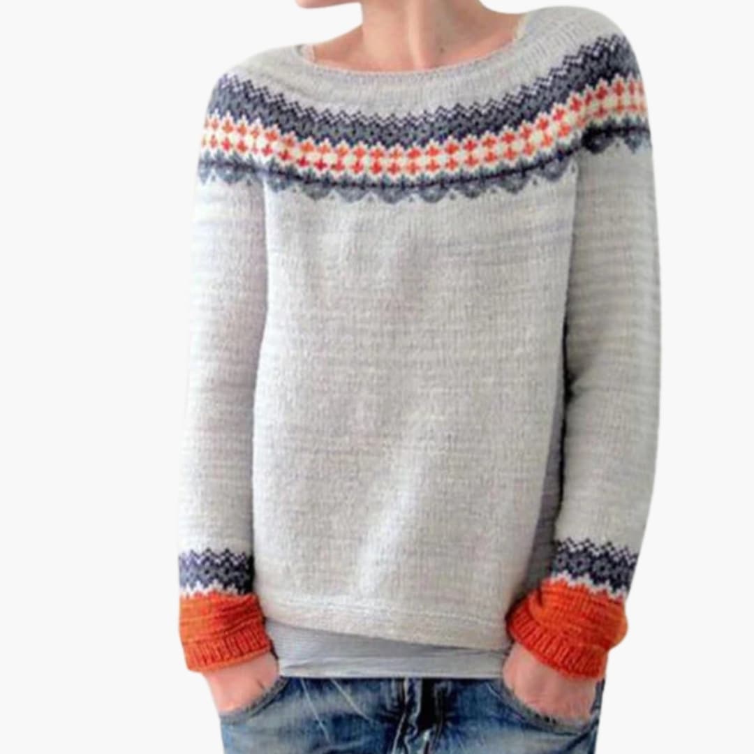 Suéter de punto para mujer con cuello redondo y motivo de bosque