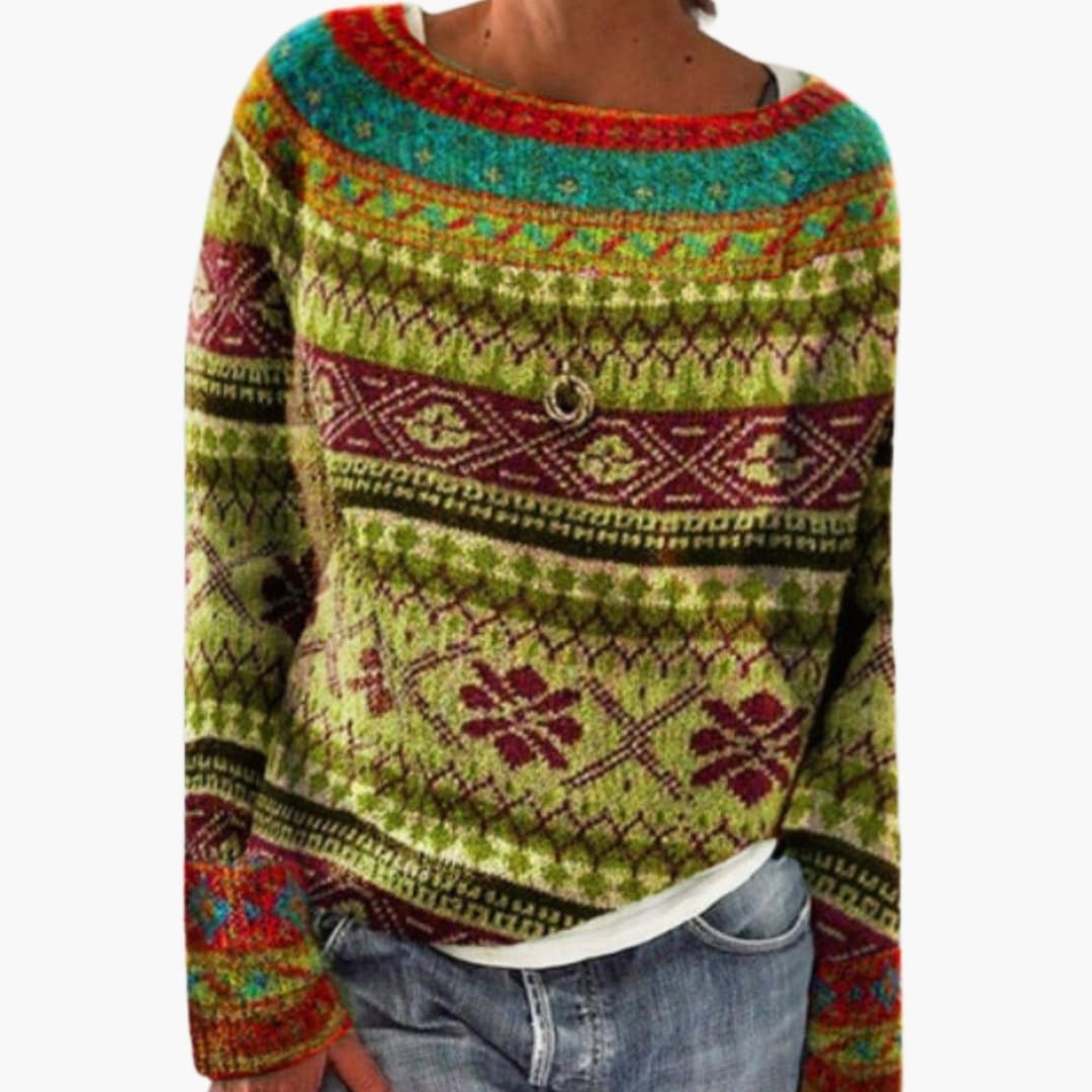 Suéter de punto para mujer con cuello redondo y motivo de bosque