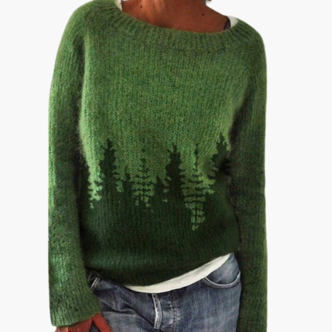 Suéter de punto para mujer con cuello redondo y motivo de bosque