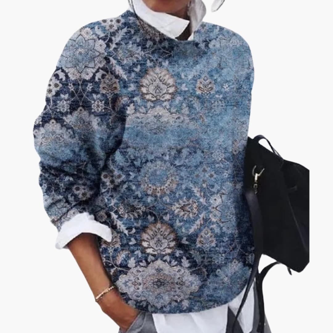 Pull en maille femme avec col rond et motif géométrique