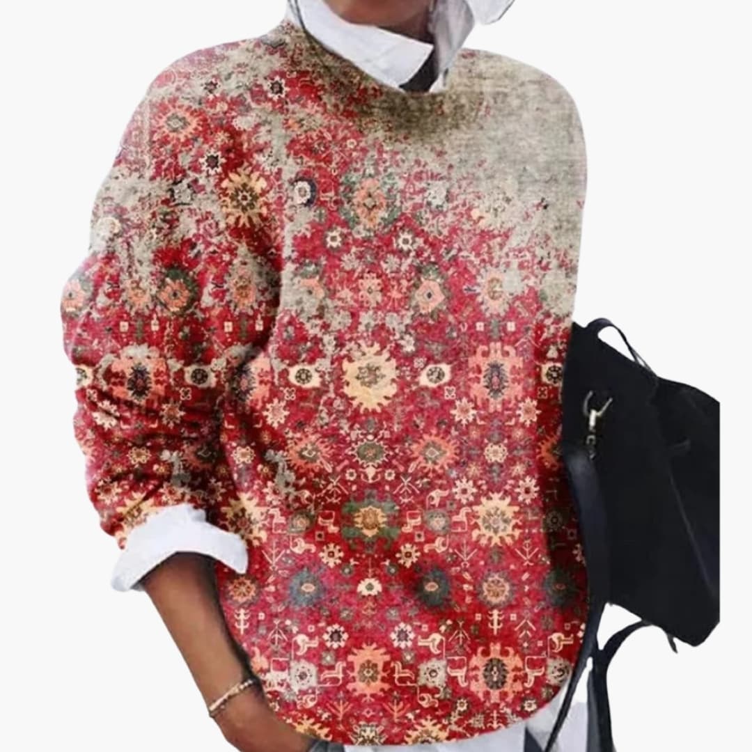 Pull en maille femme avec col rond et motif géométrique