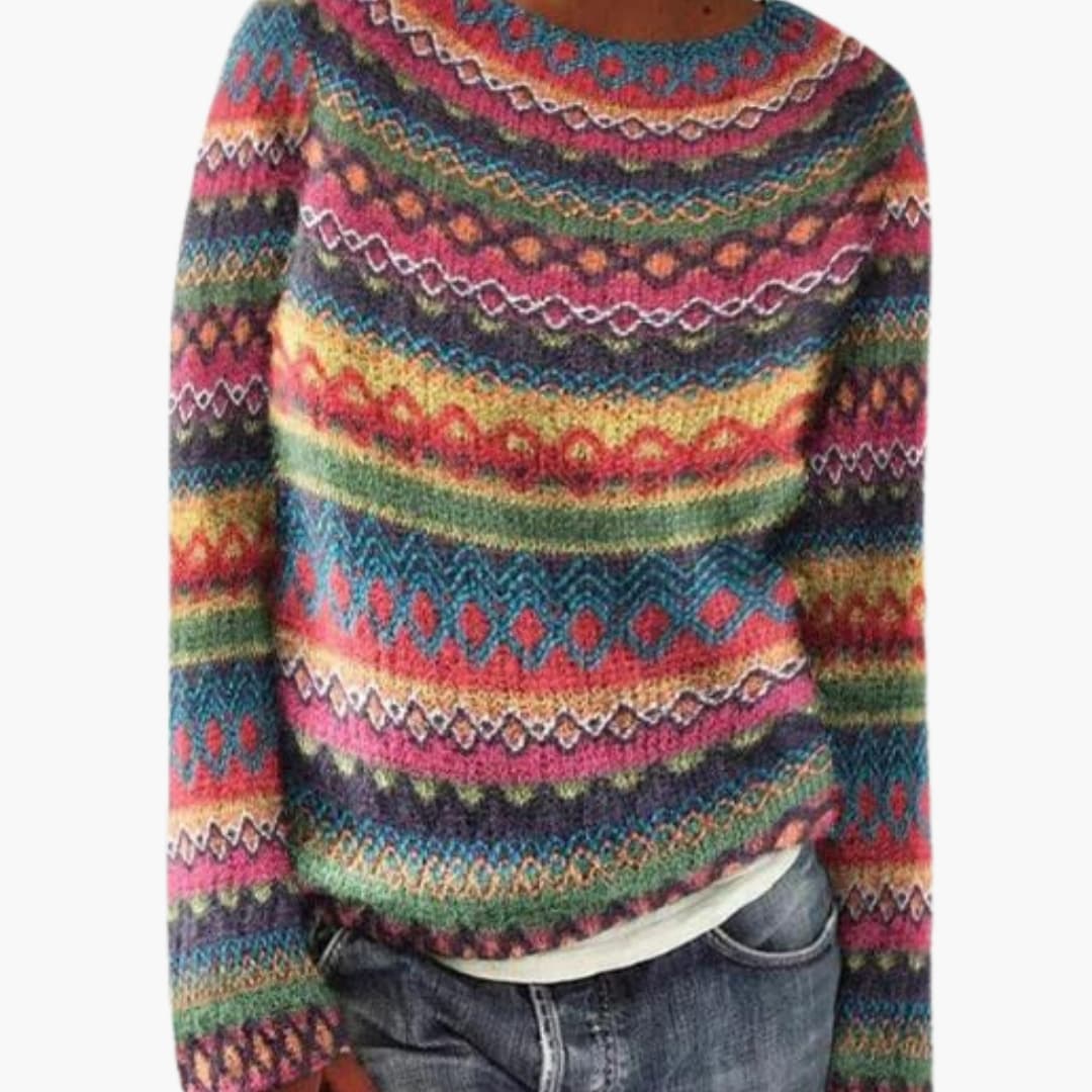 Pull en maille femme avec col rond et motif multicolore