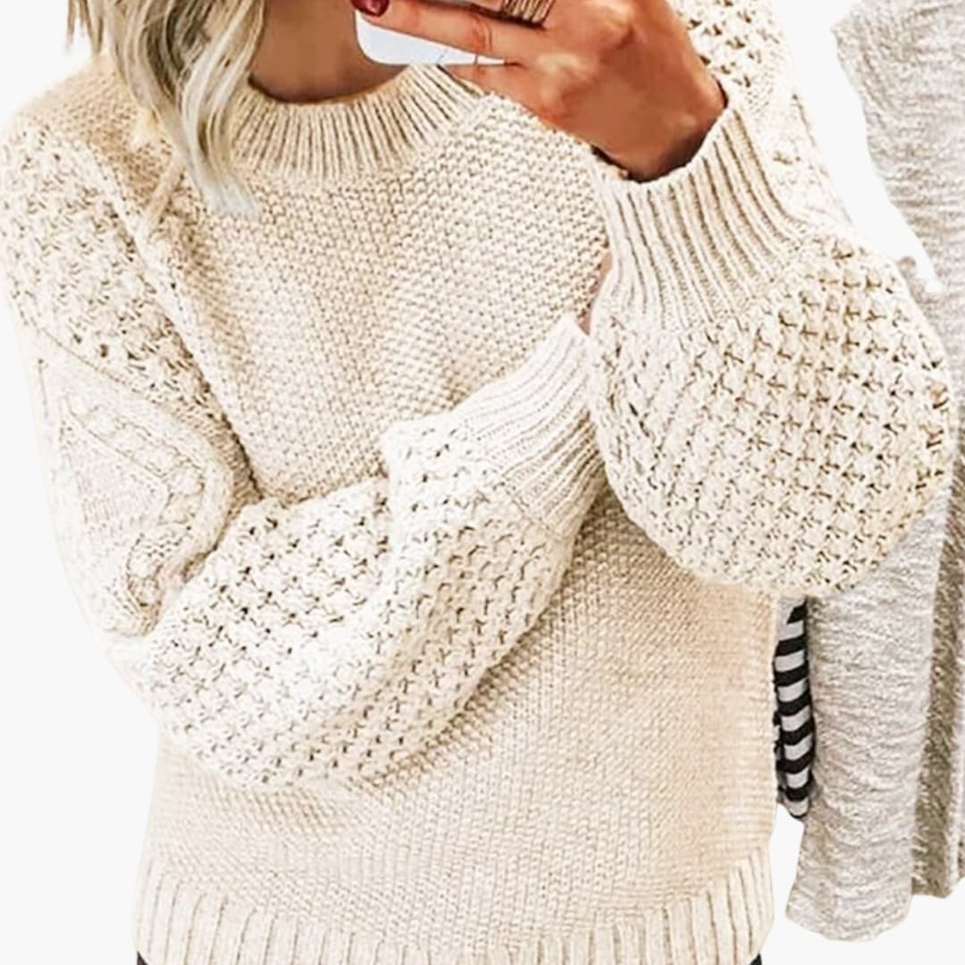 Suéter de punto para mujer con mangas texturizadas y cuello redondo