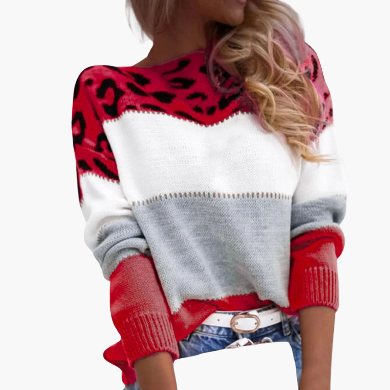 Suéter de punto para mujer con bloques de color y estampado de leopardo