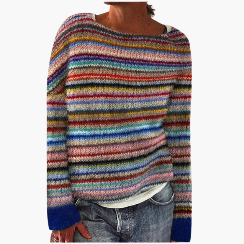Pull en maille pour femme à rayures multicolores et encolure bateau