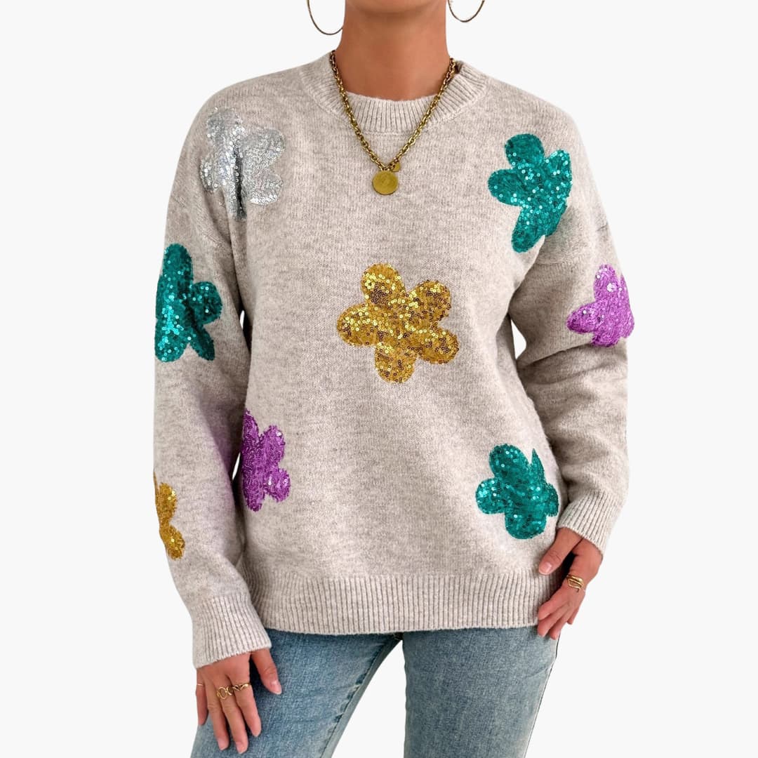 Pull en maille pour femme avec encolure ronde et appliqués floraux