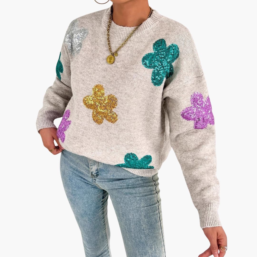 Pull en maille pour femme avec encolure ronde et appliqués floraux
