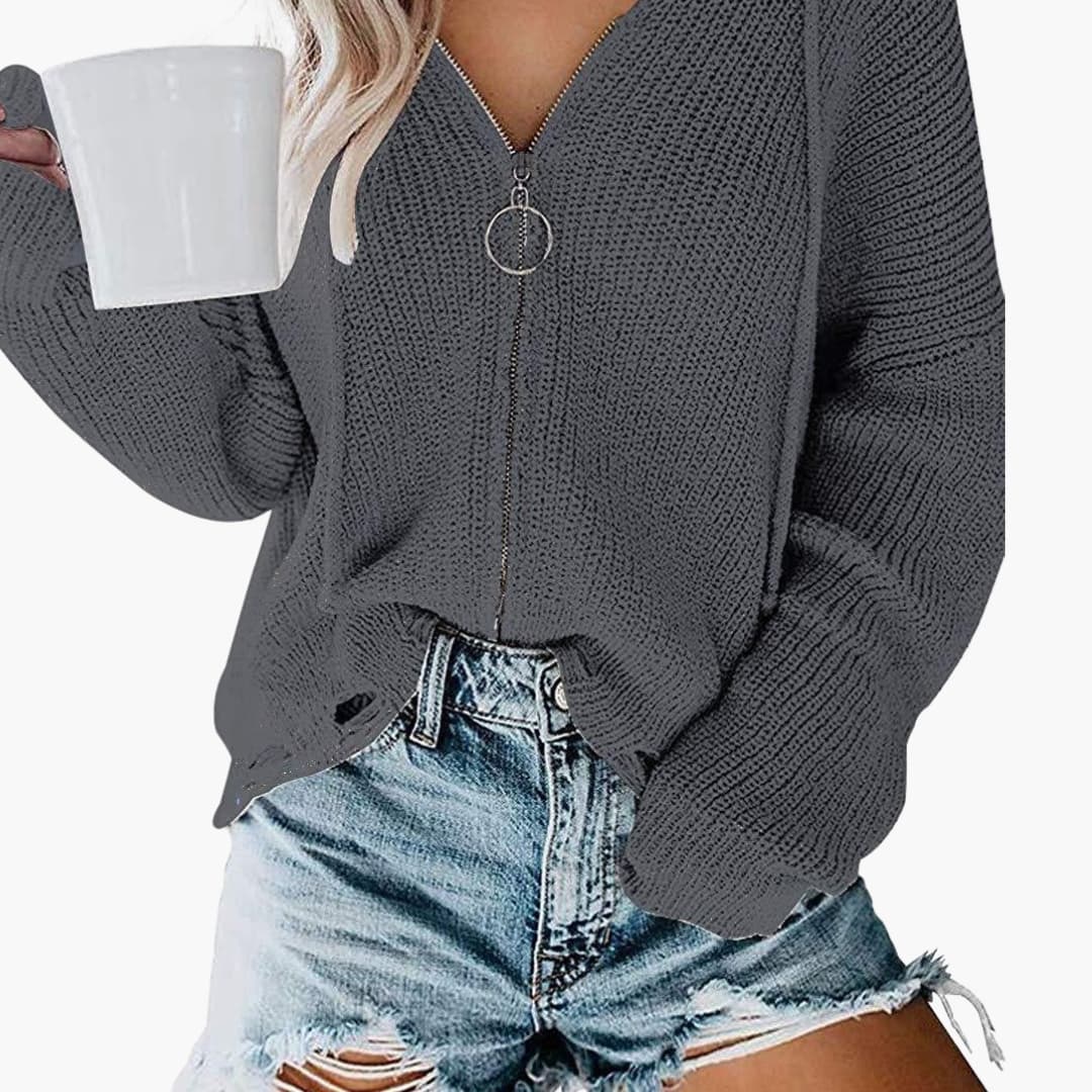 Suéter de punto para mujer con cierre de cremallera y cuello en V