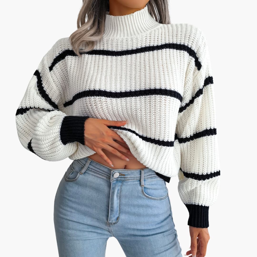 Pull em malha riscada para mulher com gola alta