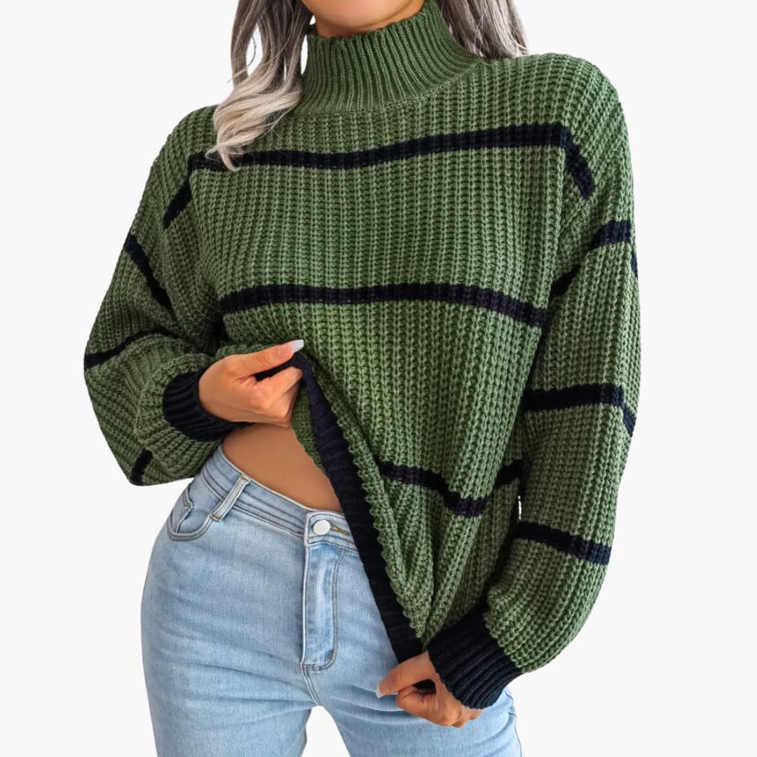 Pull em malha riscada para mulher com gola alta