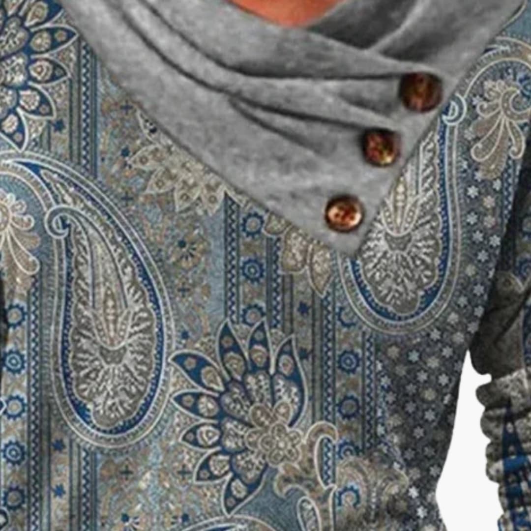 Camisola de mulher com gola drapeada e padrão ornamental