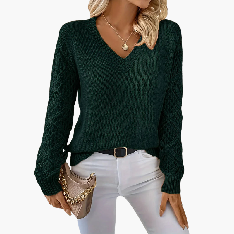 Damtröja med V-ringning i stickat med genombrutna ärmar