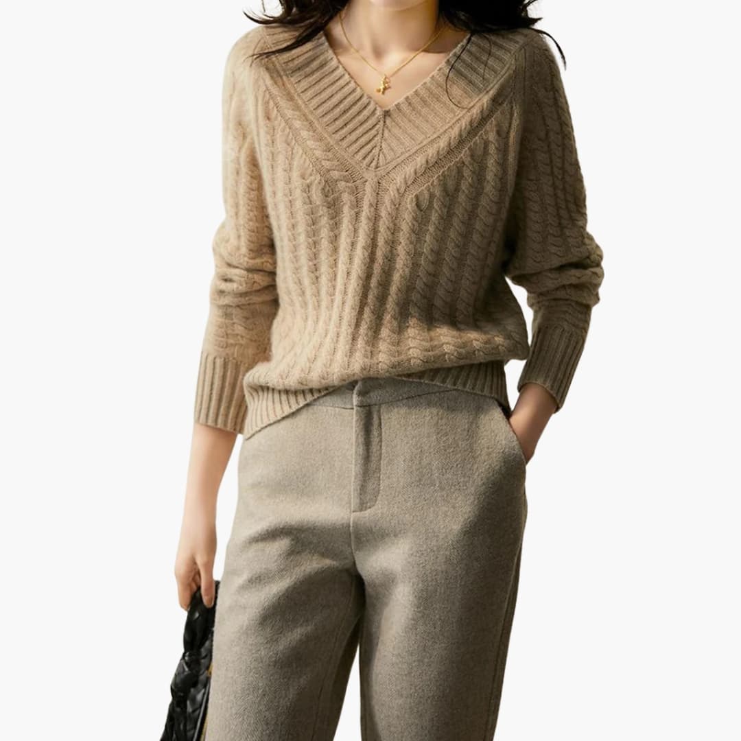 Suéter de mujer con cuello en V y superficie acanalada