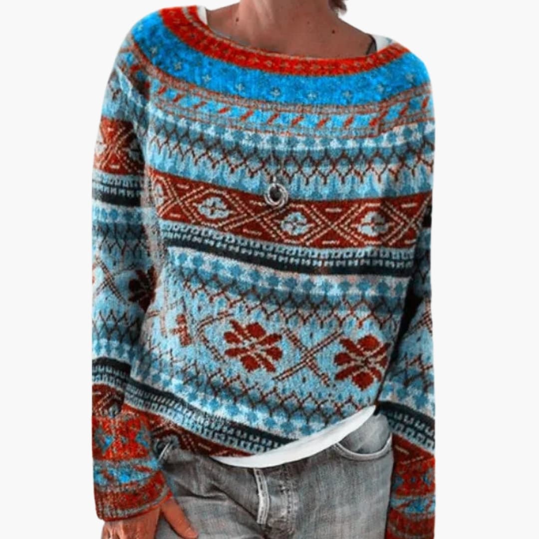 Pull femme à col rond et motif géométrique
