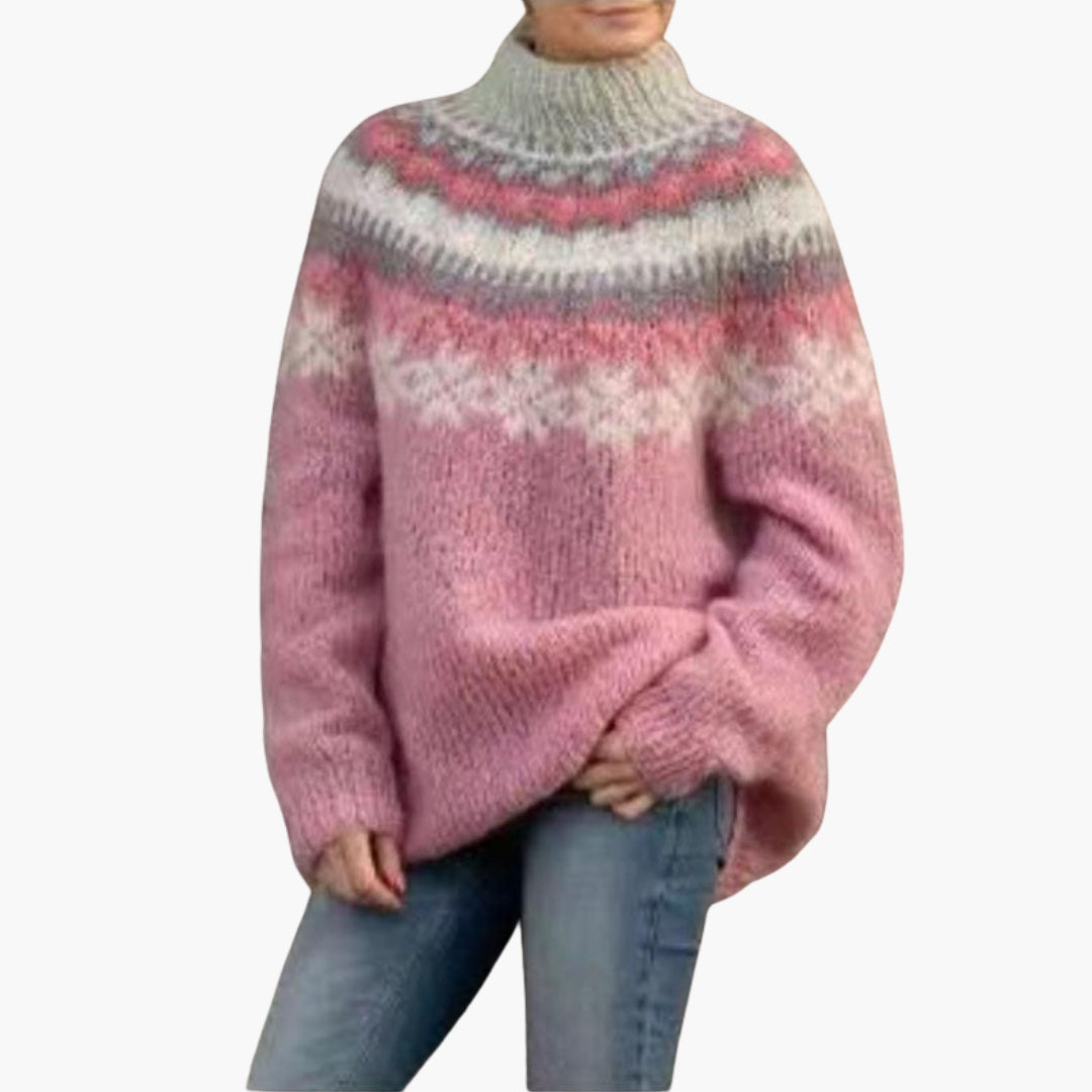 Camisola de mulher com gola redonda e padrão jacquard nórdico