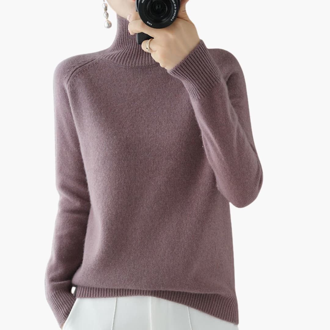 Pull femme à col roulé avec manches longues et ourlet côtelé