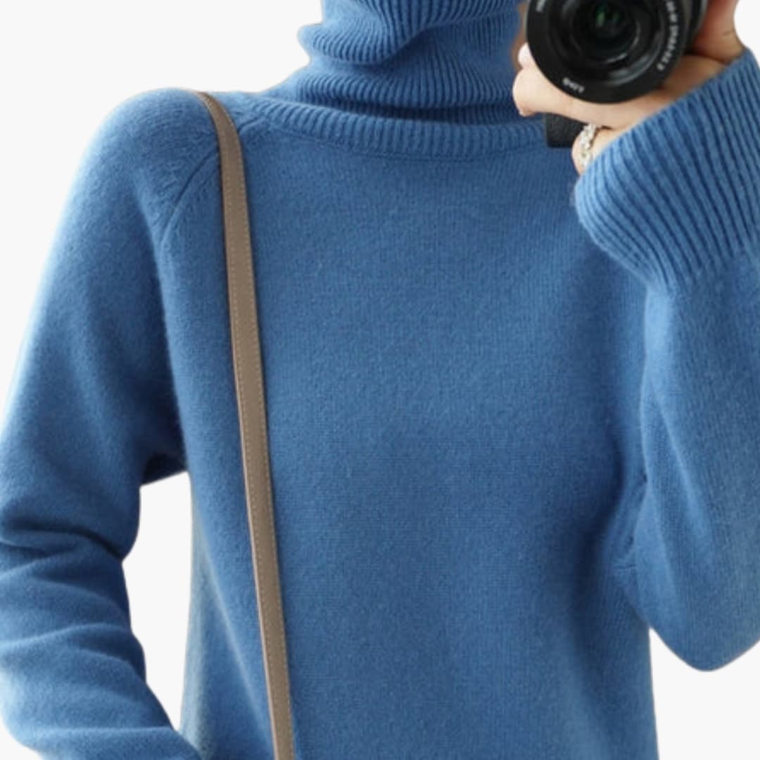 Pull femme à col roulé avec manches longues et poignets côtelés