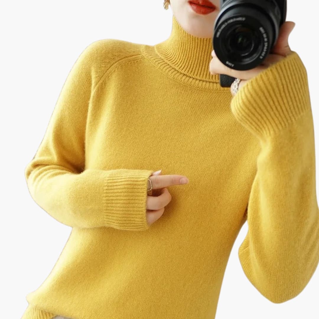 Pull femme à col roulé avec manches longues et poignets côtelés