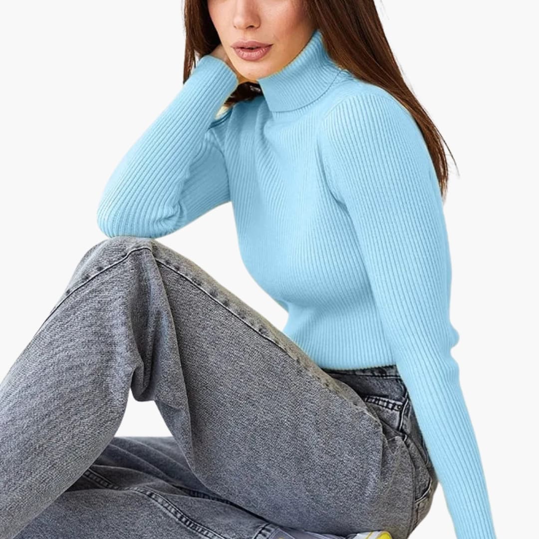 Dames trui met coltrui in aansluitende geribbelde stof