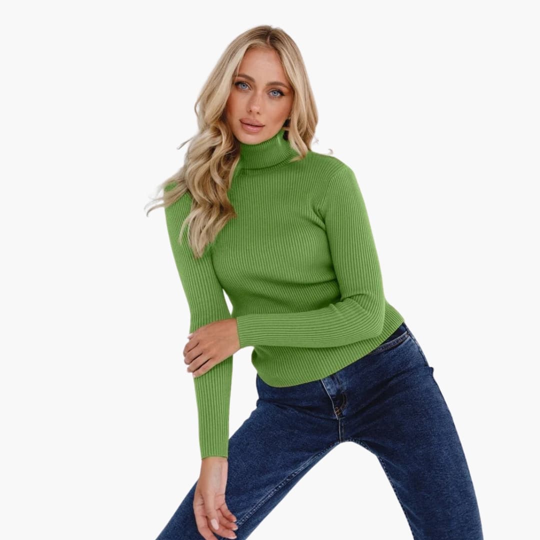 Dames trui met coltrui in aansluitende geribbelde stof