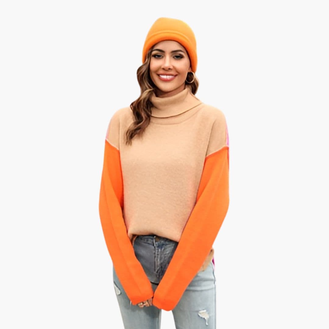 Suéter de mujer con cuello alto y mangas de colores bloqueados