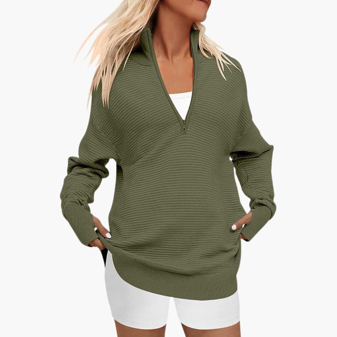 Sudadera femenina holgada con cremallera y cuello alto