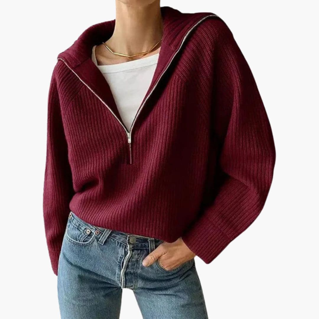 Pull femme avec enfiler demi zip et maille côtelée