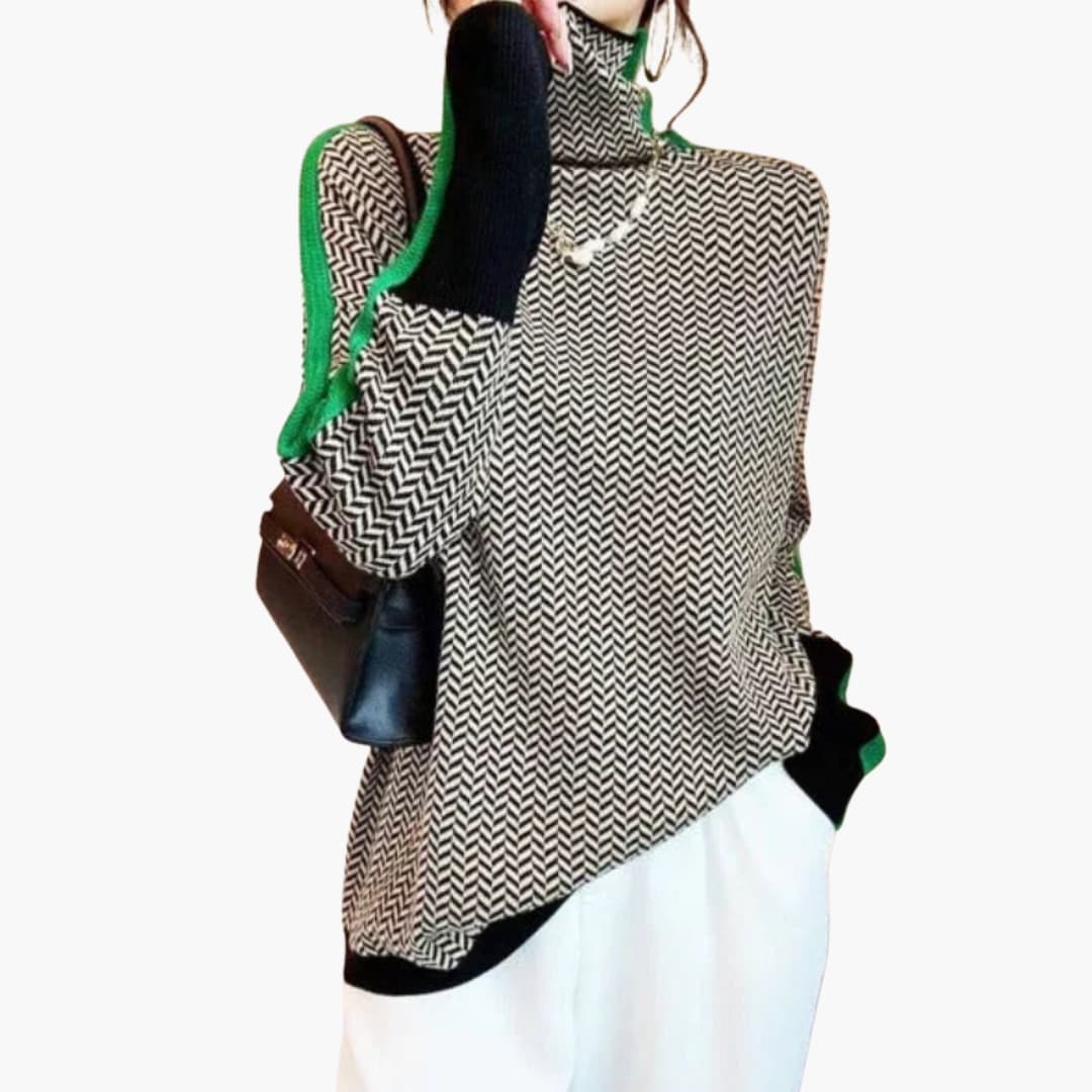 Women's pullover with striped pattern and high collar