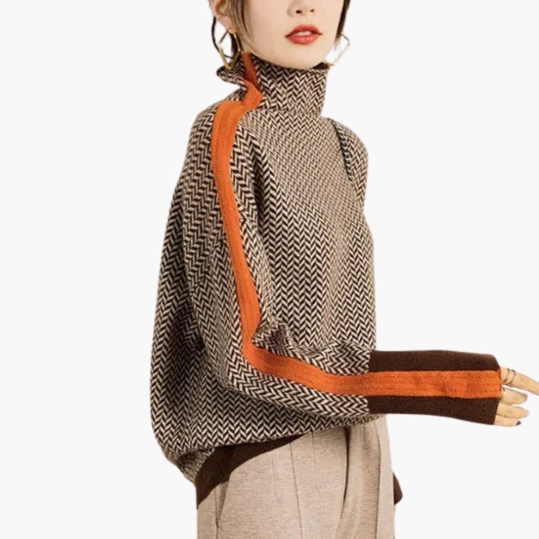 Women's pullover with striped pattern and high collar