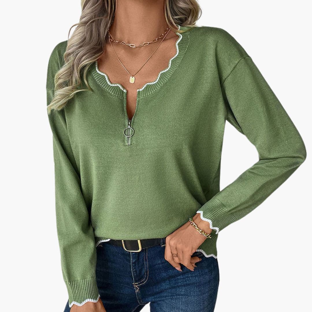 Sudadera para mujer con cremallera decorativa y detalles de volantes